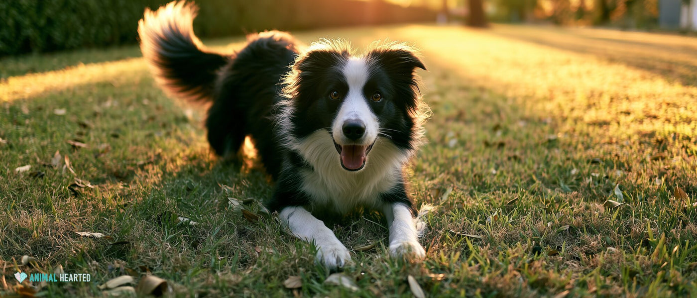 Border collie in a play bow on a lawn at golden hour, tail up and mouth open