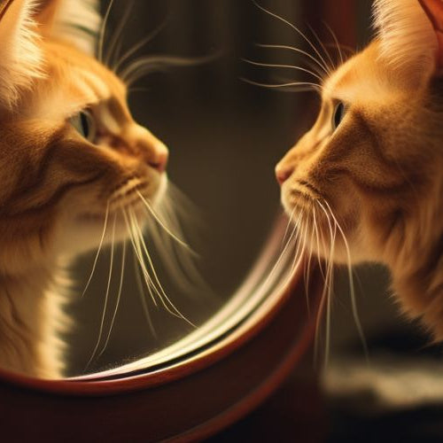 Cat staring into its own reflection in a mirror