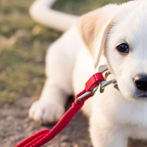 leashed puppy lying on grass