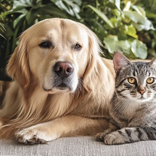 Two pets that aren't causing problems laying in a living room