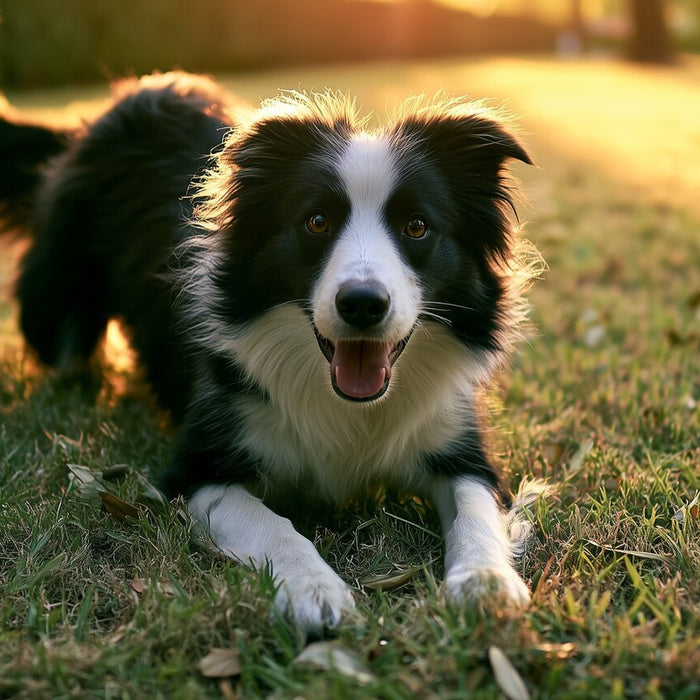 Border collie in a play bow on a lawn at golden hour, tail up and mouth open