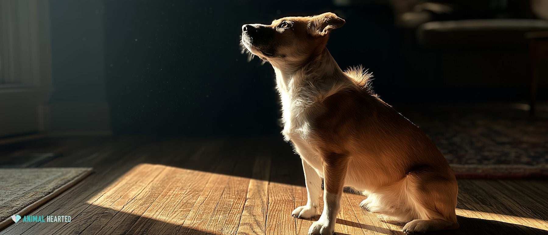 Attentive tan and white dog sitting on a wood floor in a sunlit living room, looking up during training