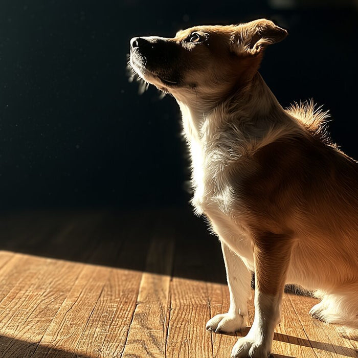 Attentive tan and white dog sitting on a wood floor in a sunlit living room, looking up during training