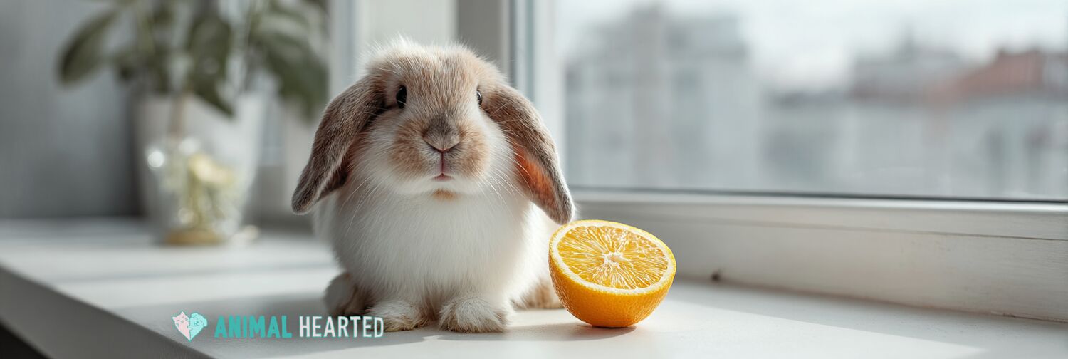Rabbit sniffing an orange slice on a kitchen counter