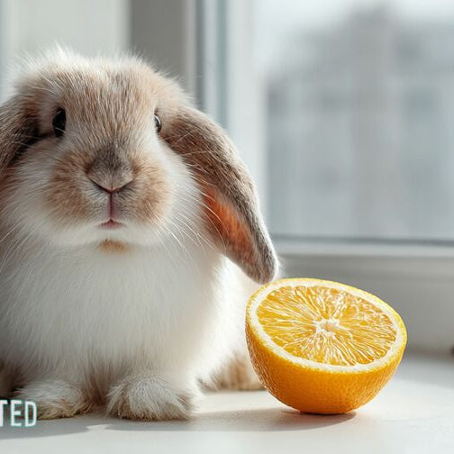 Rabbit sniffing an orange slice on a kitchen counter