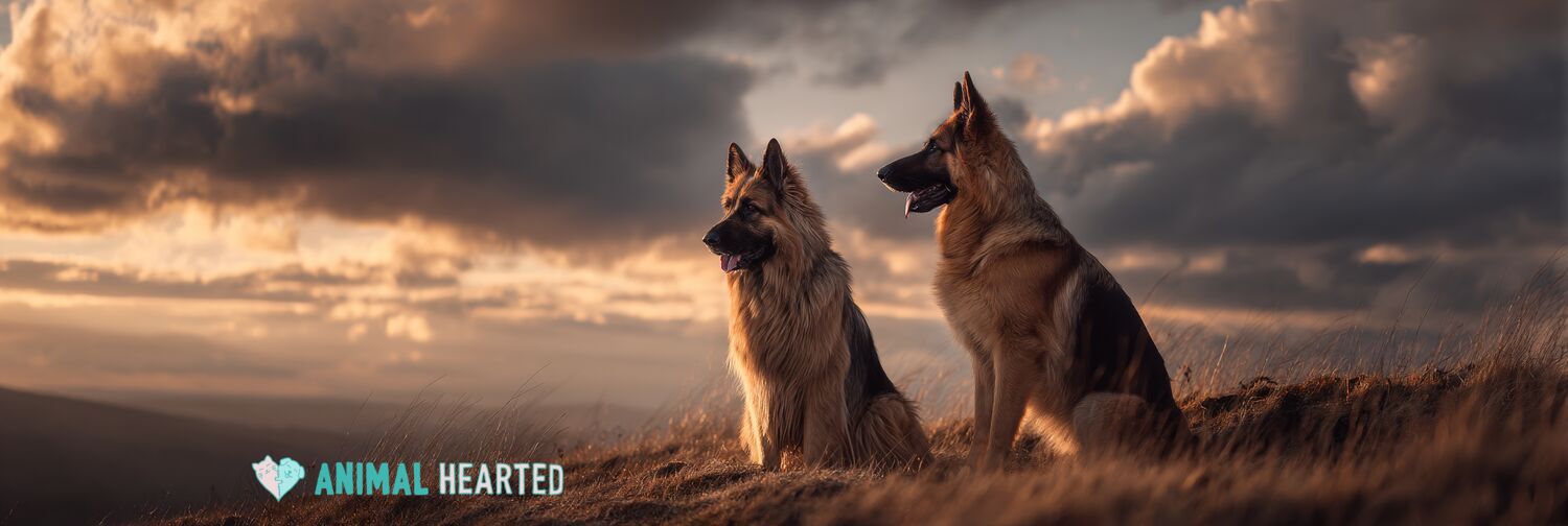 Long-haired German Shepherd standing next to a short-haired German Shepherd outdoors