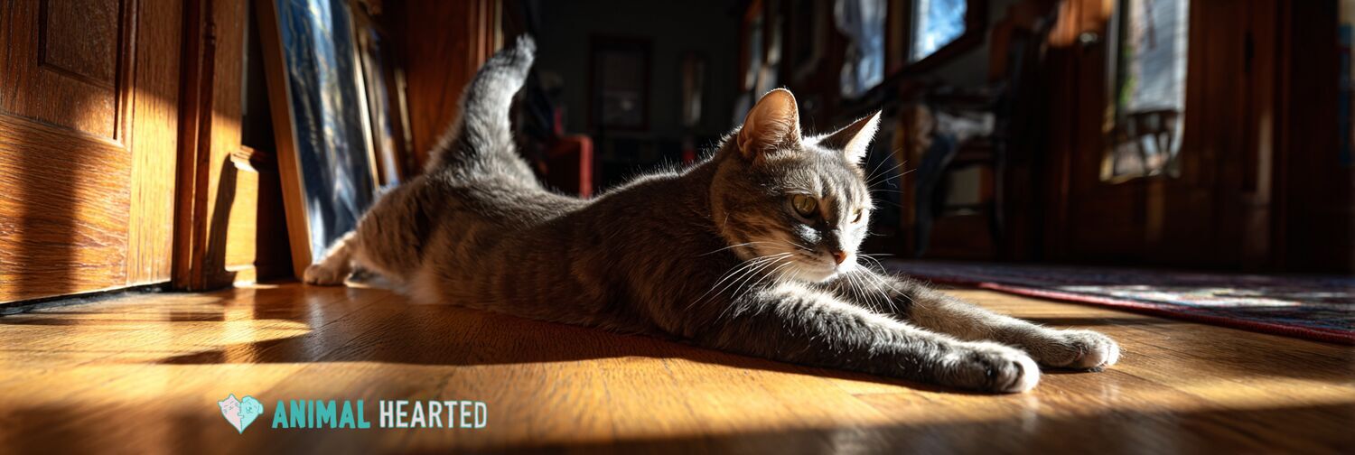 Cat stretching in full body extension on a sunlit hardwood floor