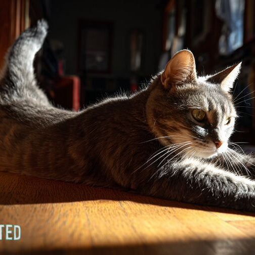 Cat stretching in full body extension on a sunlit hardwood floor