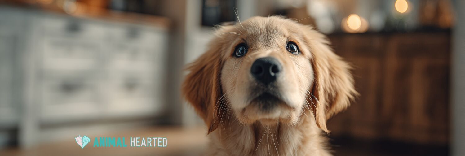 Golden retriever puppy sitting in a grassy backyard looking at camera