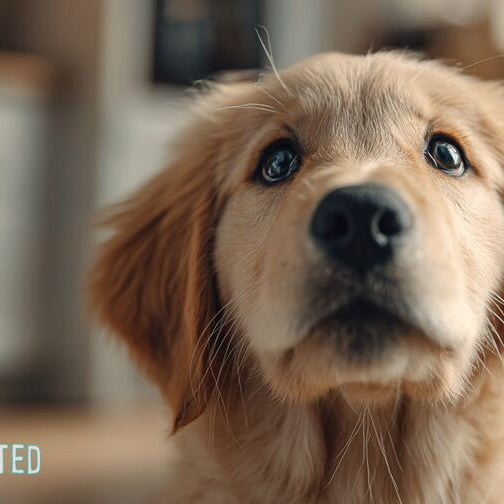 Golden retriever puppy sitting in a grassy backyard looking at camera