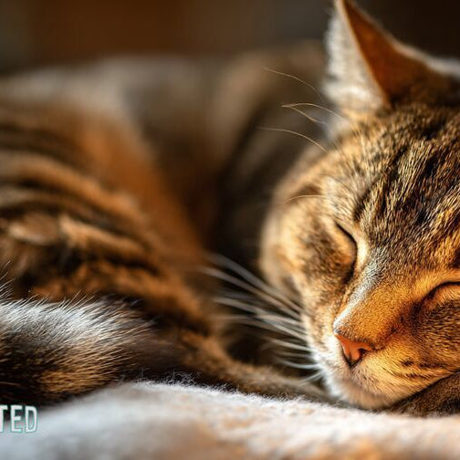 Tabby cat purring while curled up sleeping on a soft blanket