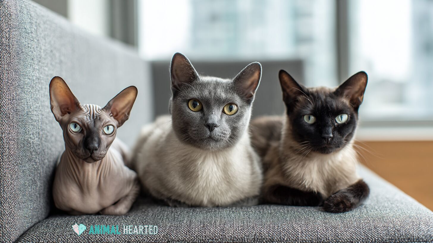 Three hypoallergenic cat breeds sitting together on a light background