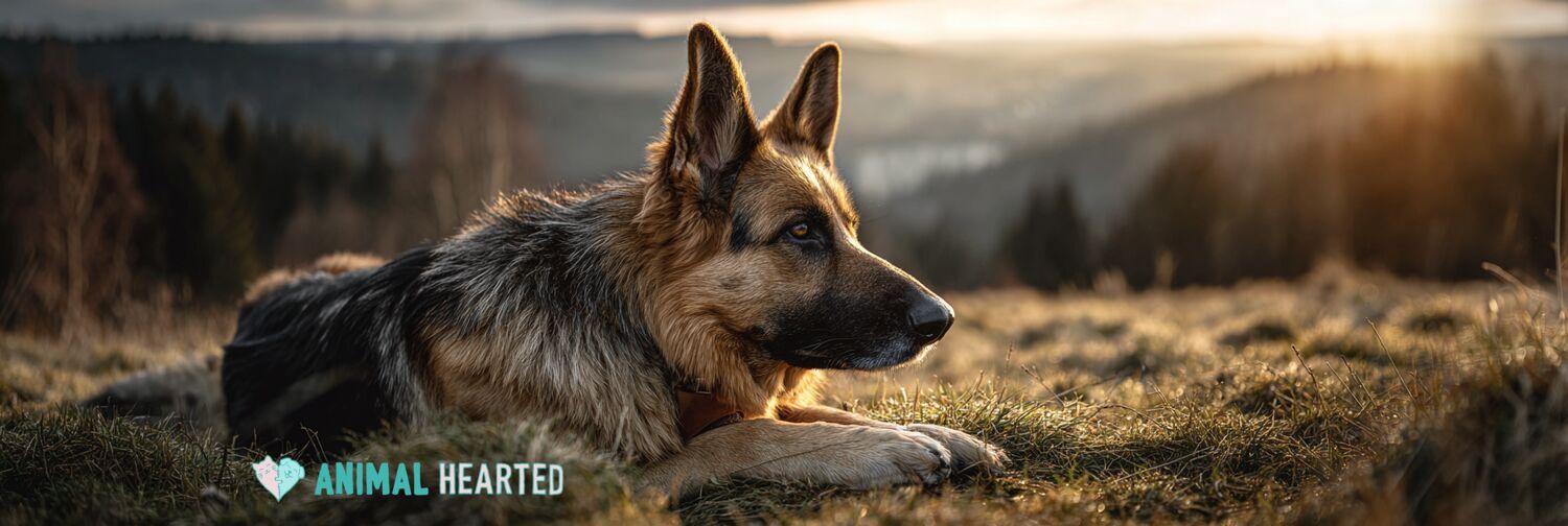 German Shepherd lying in grass with a thoughtful expression