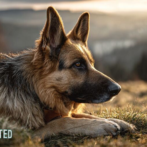 German Shepherd lying in grass with a thoughtful expression