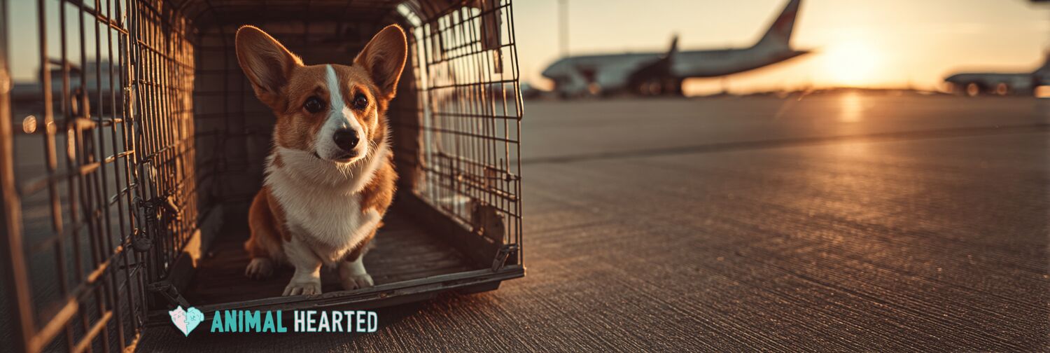 Corgi sitting inside an airline travel crate on an airport tarmac at sunset