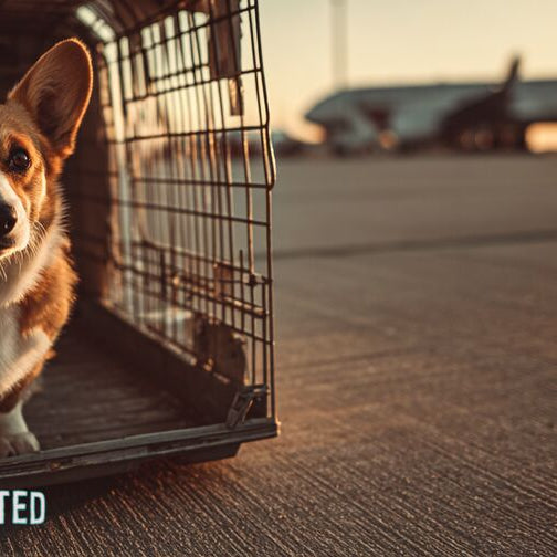Corgi sitting inside an airline travel crate on an airport tarmac at sunset