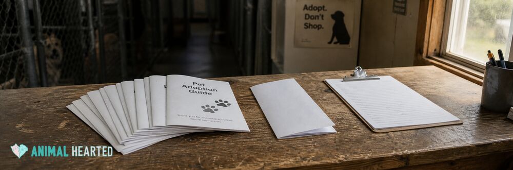 A stack of pet adoption guide booklets, a brochure, and a clipboard on a shelter front desk