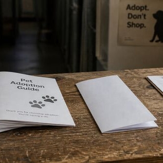 A stack of pet adoption guide booklets, a brochure, and a clipboard on a shelter front desk