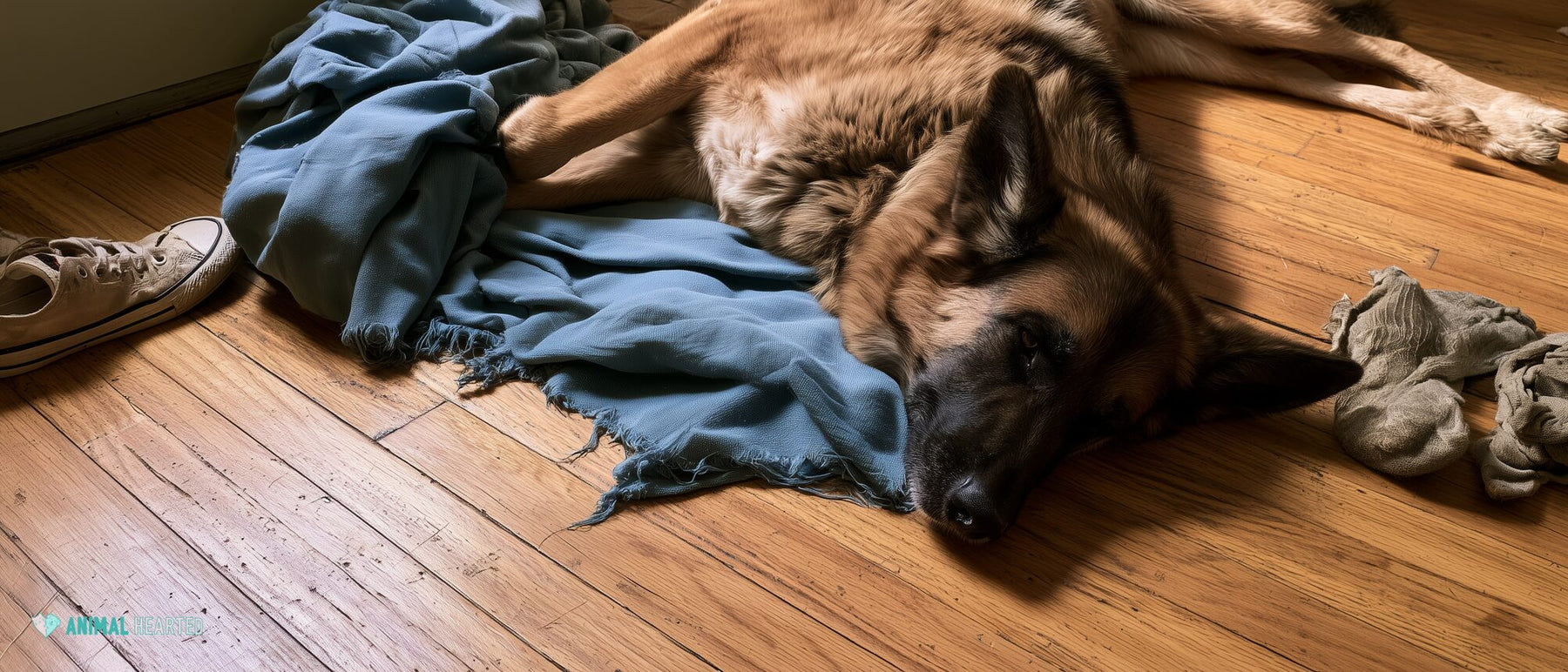German Shepherd resting on a worn blanket in a lived-in family room
