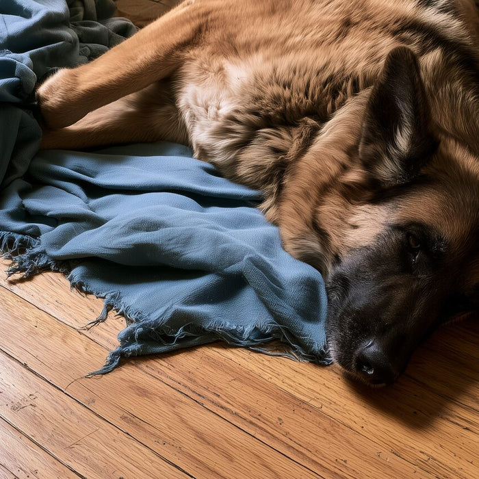 German Shepherd resting on a worn blanket in a lived-in family room