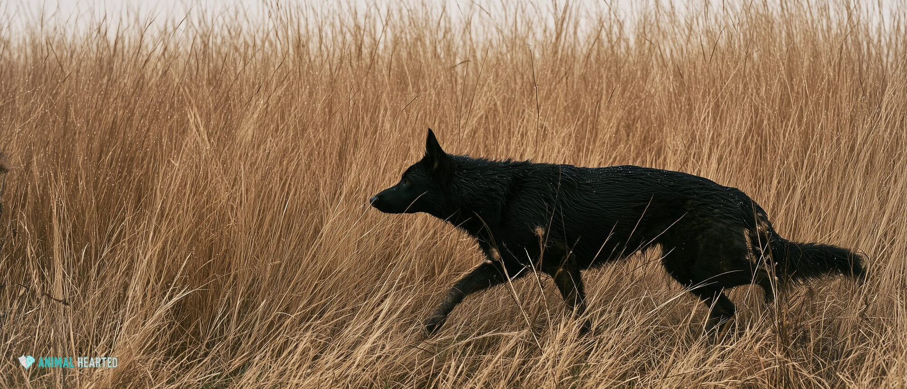 Black German Shepherd moving through tall wet field grass