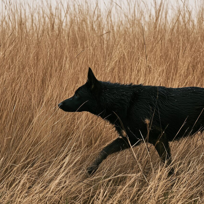 Black German Shepherd moving through tall wet field grass