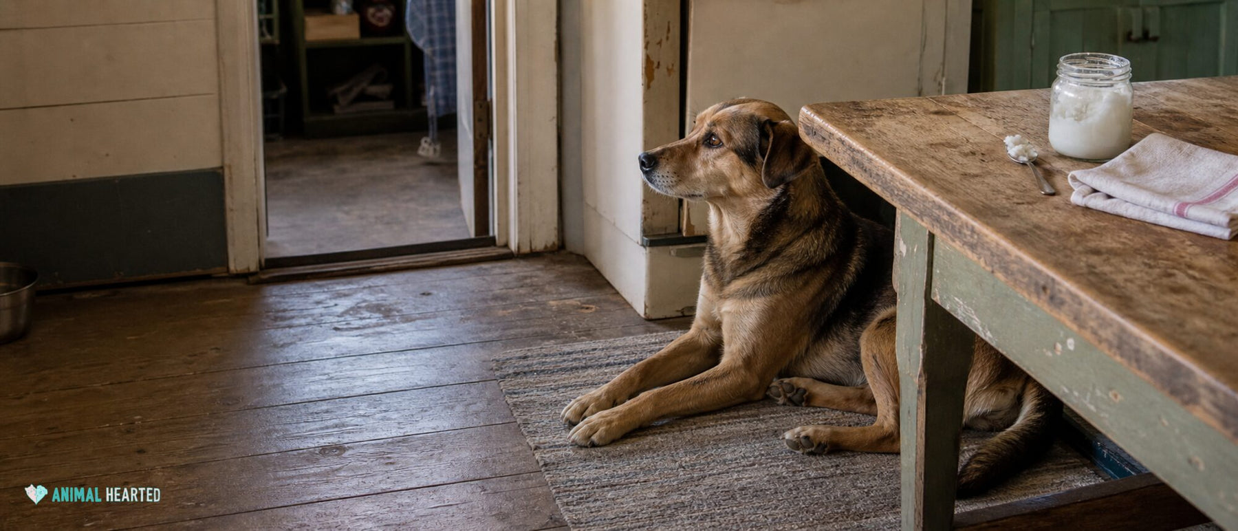 A dog rests beside its ordinary bowl on a faded runner in a lived-in kitchen.