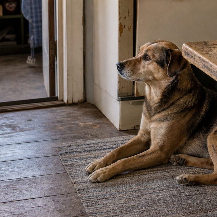 A dog rests beside its ordinary bowl on a faded runner in a lived-in kitchen.