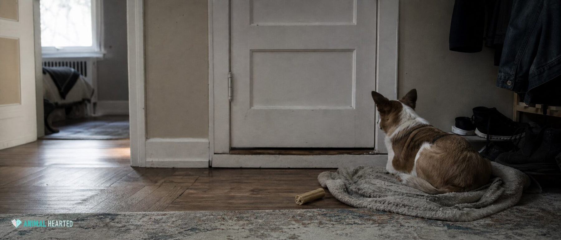 A dog rests several feet from a closed apartment door with open floor between them.