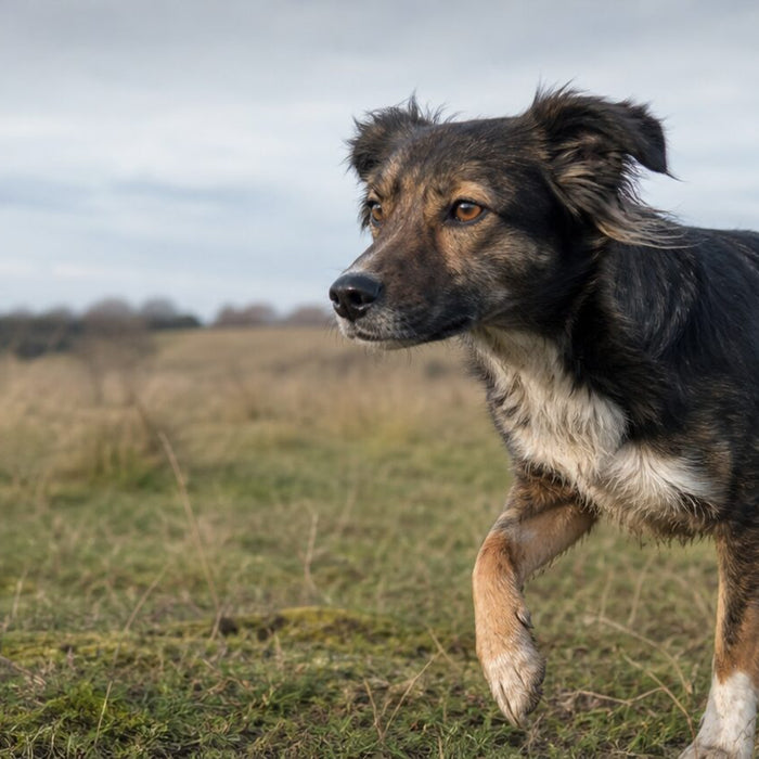 A rescue dog touches a pet parent's open hand during a casual training session.