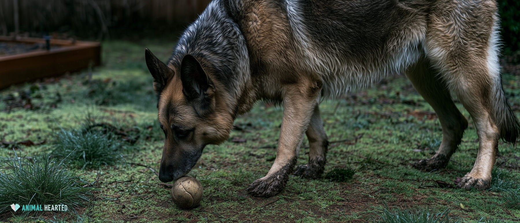 German Shepherd nosing a worn ball in a muddy backyard