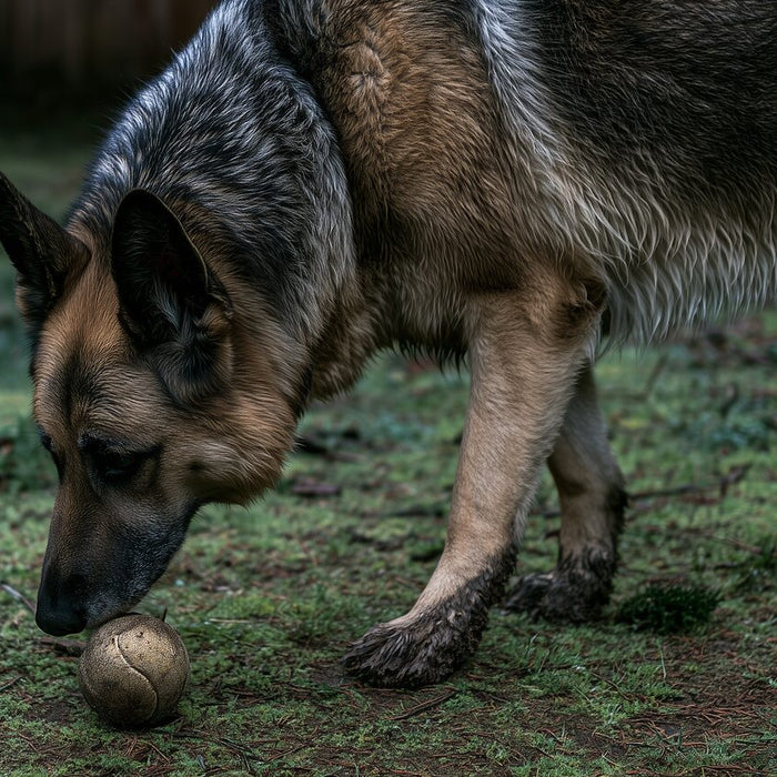 German Shepherd nosing a worn ball in a muddy backyard