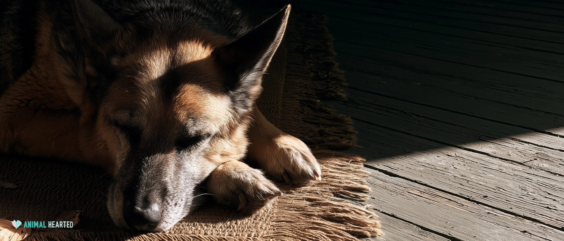 Senior German Shepherd with a gray muzzle resting on a worn porch rug