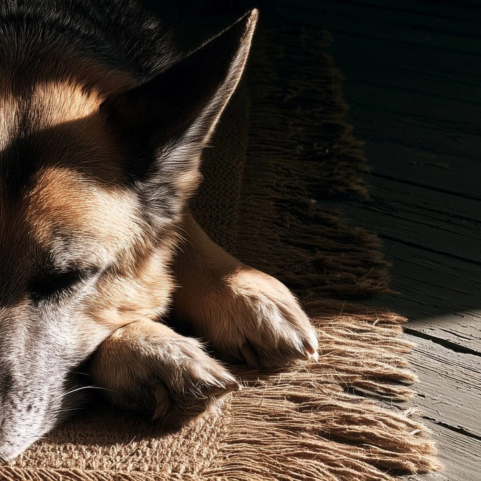 Senior German Shepherd with a gray muzzle resting on a worn porch rug