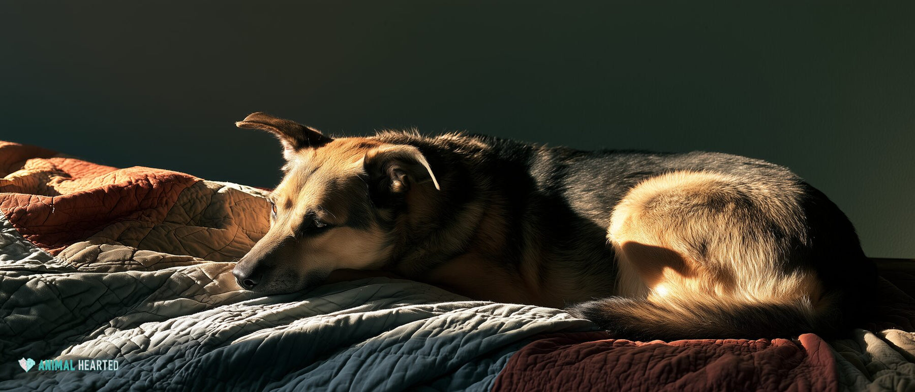 Shepherd mix with a half-flopped ear curled on a rumpled quilt