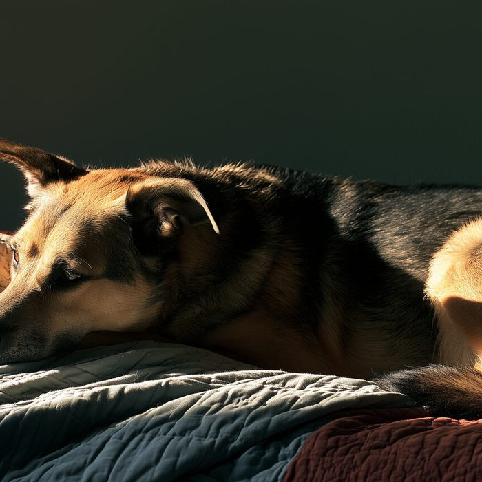 Shepherd mix with a half-flopped ear curled on a rumpled quilt
