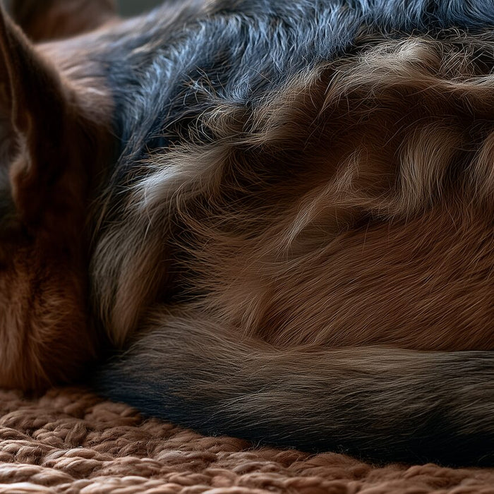 Loose undercoat tufts visible on a resting German Shepherd