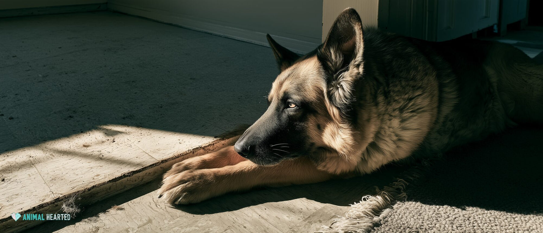 Relaxed German Shepherd lying across a worn kitchen threshold