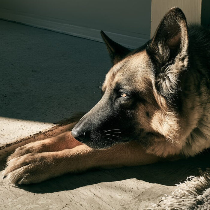 Relaxed German Shepherd lying across a worn kitchen threshold