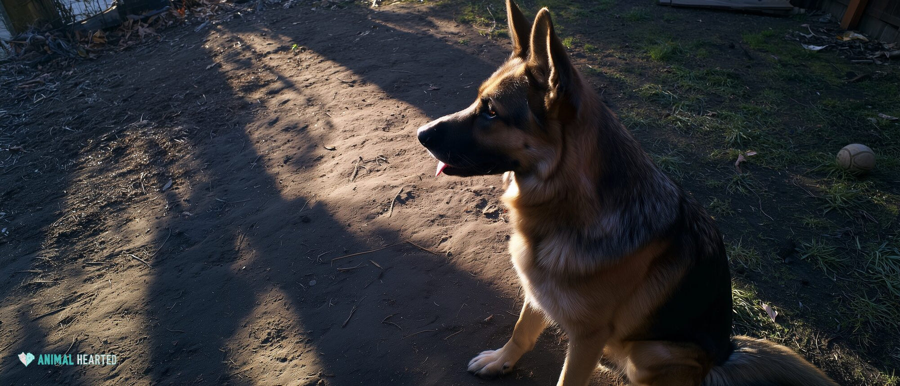 German Shepherd sitting attentively in a patchy dirt yard
