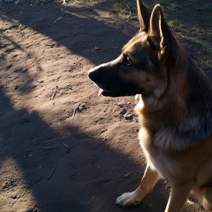 German Shepherd sitting attentively in a patchy dirt yard
