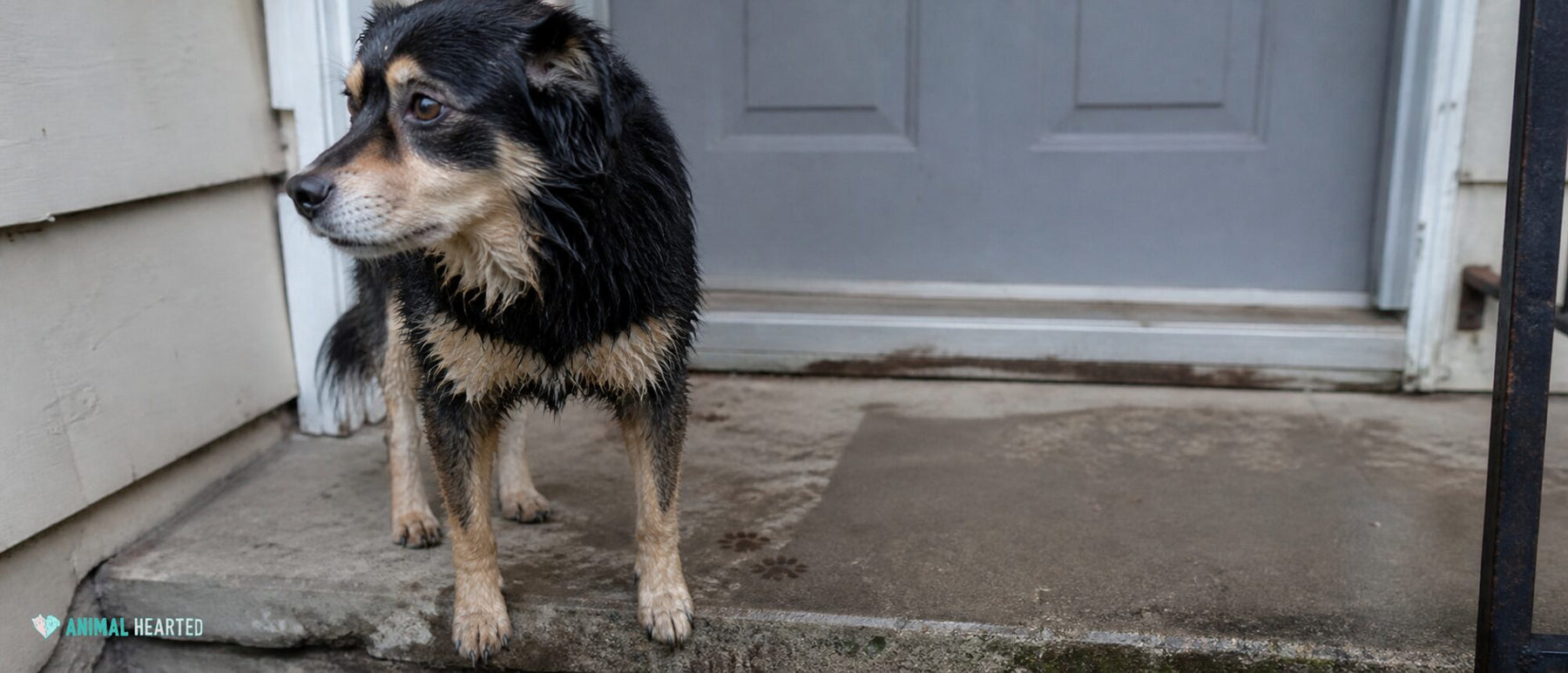 A damp mixed-breed dog pauses outside after getting wet