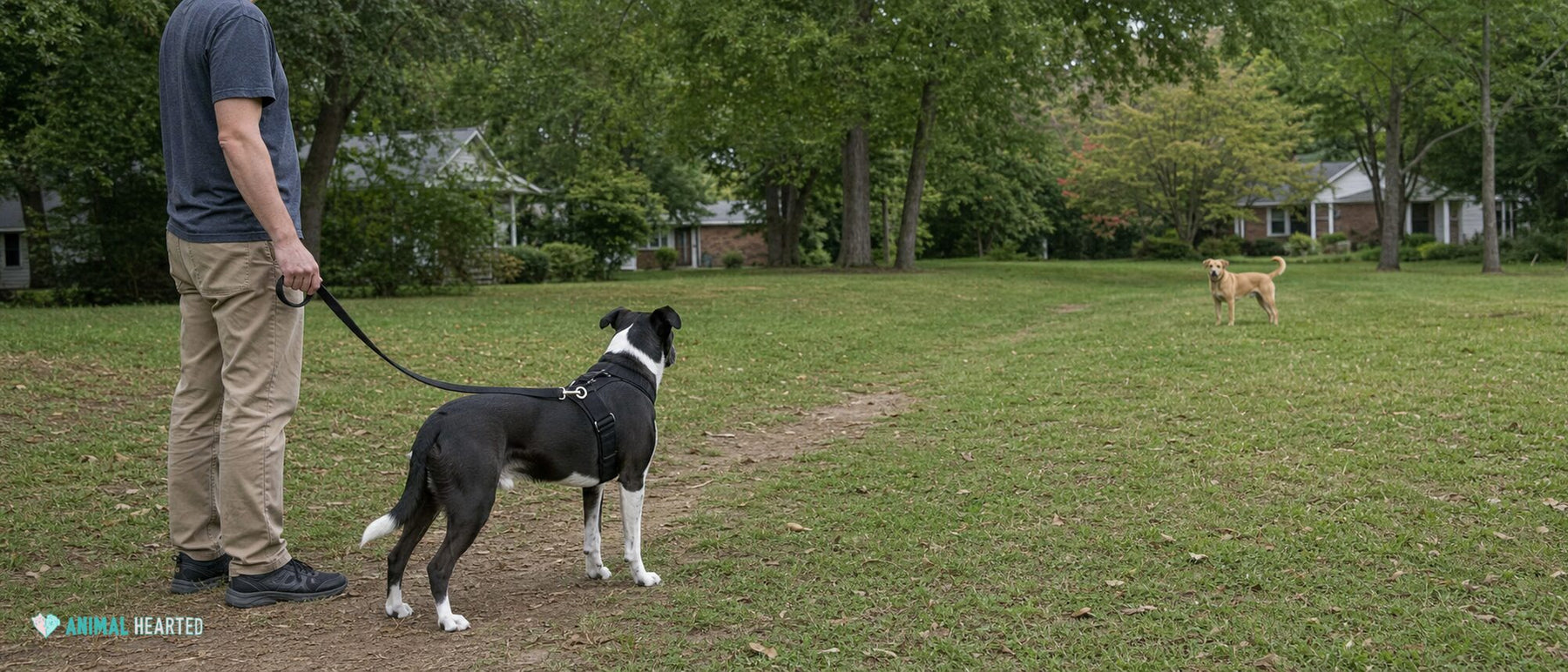 Adult handler holding a black and white dog on a continuous leash while a loose tan dog stands across a wide lawn