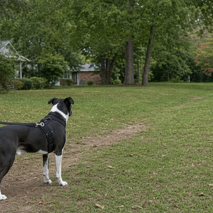 Adult handler holding a black and white dog on a continuous leash while a loose tan dog stands across a wide lawn