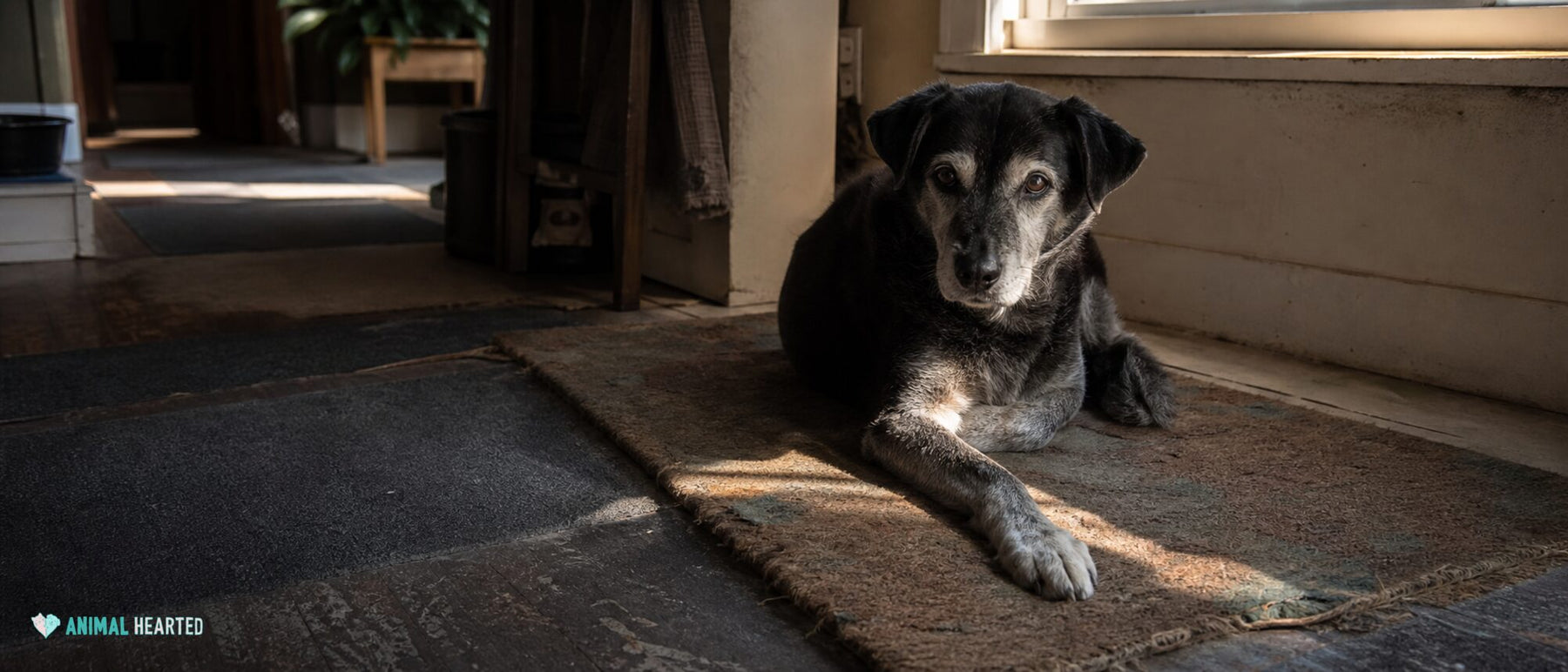 A gray-muzzled senior dog rests on a worn rug with water and a nonslip path nearby.