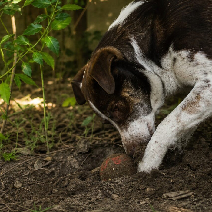 A dog pushes loose soil over a worn toy in a patchy backyard digging corner.