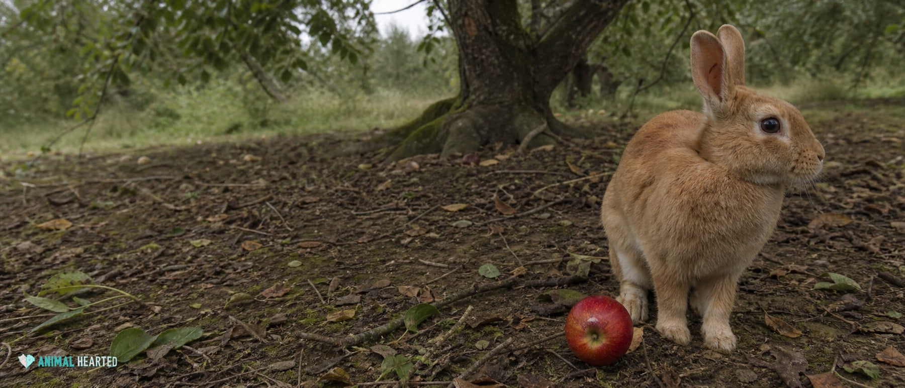 cinnamon-colored domestic rabbit investigating one small windfallen red apple beneath an old orchard tree