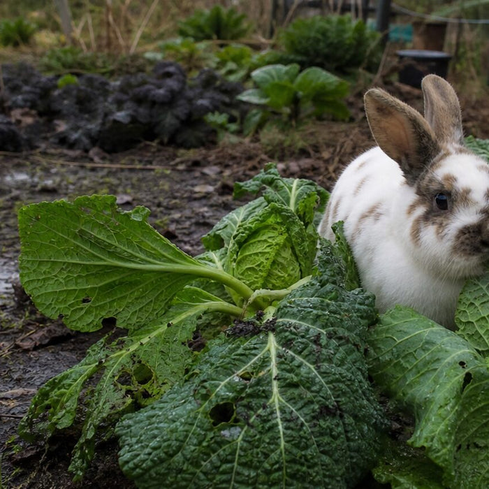 broken-pattern domestic rabbit moving between broad savoy cabbage leaves in an untidy allotment after rain