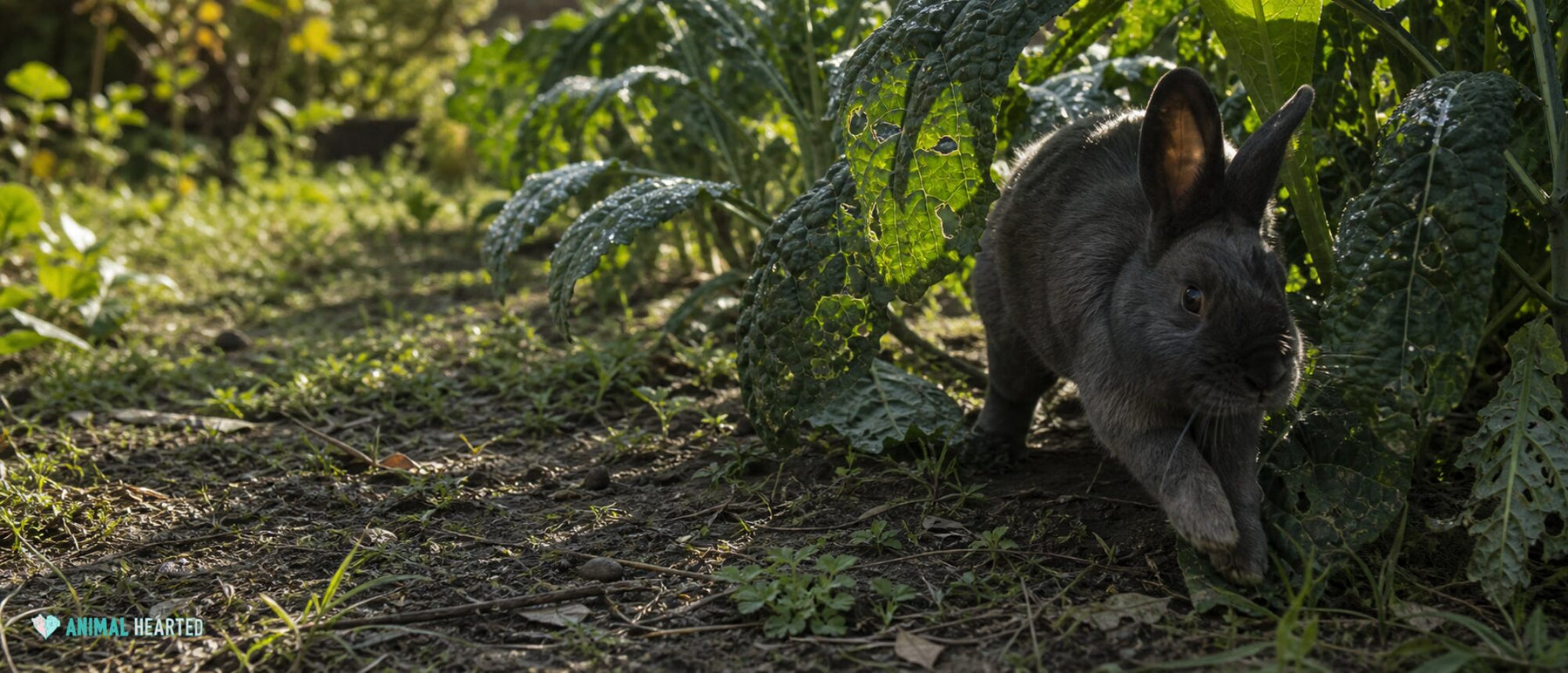 charcoal domestic rabbit threading between tall rain-speckled kale plants in a backyard vegetable patch