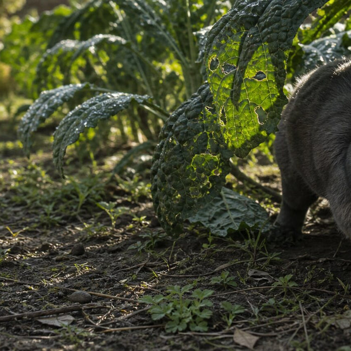 charcoal domestic rabbit threading between tall rain-speckled kale plants in a backyard vegetable patch